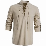 Vertvie Herren Langarm Leinenhemd Mittelalter Hemd Schnürhemd Stehkragen Gothic Steampunk Viktorianisch T-Shirt Regular Fit Freizeithemd Atmungsaktiv V-Ausschnitt Einfarbig Sommer Shirt(Khaki,2XL)