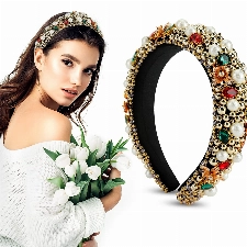 Victop Barock Strass Stirnbänder Damen Perlen Breit Gepolstertes Haarreif Frauen Mädchen Elastisches Haarband Vintage Prinzessinnen Braut Kostüm Stirnband Haarschmuck für Hochzeit Party Täglicher (A)