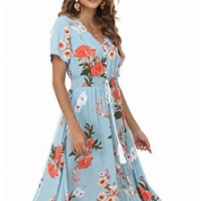 VOGMATE Boho Kleid Damen Lange V-Ausschnitt Kurzarm Blumen Maxikleider Damen Sommer Strandkleid Sommerkleid Herbstkleid Partykleid Blumenkleid Elegant mit Schlitz,XXL