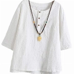 Vogstyle Damen Baumwoll Leinen Tunika T-Shirt Jacquard Oberseiten, Weiß, XXL