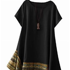 Vogstyle Damen Sommer Kleid Kurzarm Unregelmäßige Saum Ethnisch Mischfarben Baumwolle Leinen Lang Bluse Shirt, L, Schwarz