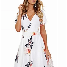 VOTEPRETTY Sommerkleid Damen Knielang Kleid Kurzarm V Ausschnitt Wickelkleid Blumen Strandkleid mit Taschen