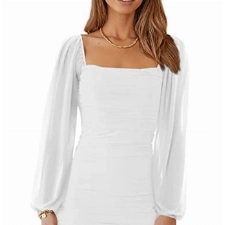 Wenrine Damen Mesh Langarm Square Neck Rüschen Party Club Cocktail Bodycon Mini Kleid