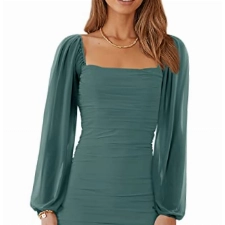 Wenrine Damen Mesh Langarm Square Neck Rüschen Party Club Cocktail Bodycon Mini Kleid