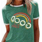 WIEIYM Damen Good Vibes T-Shirt Kurzarm Rundhals Regenbogen T Shirts Sommer Oberteil Frauen Lässig Bluse Sport Tops(Grün,M)