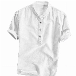 Xmiral Herren Leinenhemd leinen Shirt Kurzarm Hemden mit Stehkragen Kurze Knopfleiste Slim fit für Männer(Weiß,3XL)