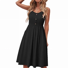 Yageshark Sommerkleid Damen Einfarbig Spaghetti Swing Strandkleid Knielang A-Linien Knopf Kleid Midikleid (Schwarz,Large)