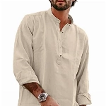 YAOBAOLE Hemd Herren Langarm Henley Sommerhemd Herren Freizeithemd Leinenhemd Regular Fit Men Shirts Khaki L