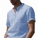 YAOBAOLE Herren Leinen Shirt Kurzarmhemd Slim Fit Sommer Casual Henley Shirts Hellblau XL