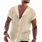 YAOBAOLE Herren Leinenhemd Kurzarm Sommerhemd Herren Kurzarm Sommer Freizeithemd Herren Khaki M