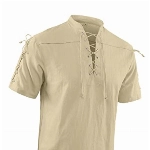 YAOBAOLE Herren Mittelalter Hemd Kurzarm Viking Kostüm Schnürhemd Herren Leinenhemden Herren Khaki 3XL