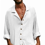 YAOHUOLE Herren Leinen Shirt Langarm Herren Freizeithemd Langarm Sommer Herbst Hemd Herren Strand Weiß L