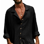 YAOHUOLE Leinen Hemd Herren Langarm Regular Fit Anzug, Business, Freizeit, Hochzeit,Strand Schwarz 3XL