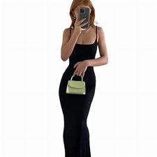 Yassiglia Damen Sexy Bodycon Maxikleid Tiefe Ausschnitt Spaghetti-Träger Kleid Sommer Cami Kleid fürParty Club Streetwear Elegant, Casual, Sexy, Lang (Schwarz, X-Small)