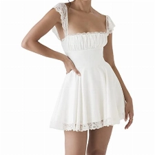 Yassiglia Sommerkleid Damen Elegant Vintage A-Linie Kleid Kurzarm Spitzenkleid Sommer Kurz Minikleid Petticoat Kleid mit Rüsche (Weiß, S)