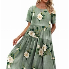 YESNO Damen Kleider Freizeit Lose Sommerkleid Lang Boho Maxikleid für Rundhals Strandkleid Blumenkleid XL EJFDE CR19