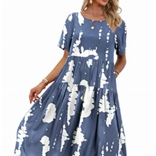 YESNO Damen Kleider Freizeit Lose Sommerkleid Lang Boho Maxikleid für Rundhals Strandkleid Blumenkleid 2XL EJFDE CR147