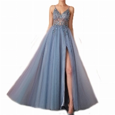yhfshop Damen Sexy Party-Abendkleid mit geteiltem V-Ausschnitt und Perlen,Gray Blue,US2, Abendkleider Lang Ballkleider