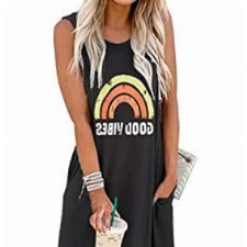 Ykomow Sommerkleid Good Vibes Maxikleid Damen Ärmellos Grafik Strand T Shirt Kleider Boho Kleid Damen Lang (M, Schwarz)