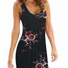 Yming Damen Kleid Schulterfrei Kleid Rundhals Lose Strandkleid Casual Basic Kleid Schwarz Blumen XL