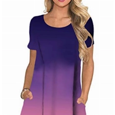 Yming Damen Lockeres Kleid Farbverlauf Freizeitkleid Kurzarm Kleid Casual Sommerkleid mit Taschen JB-Violett L/DE 40