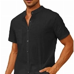 Yutdeng Leinenhemd Herren Kurzarm Hemd Sommerhemd Stehkragenhemd Casual Strandhemd Sommer Hemden Regular Fit Freizeithemden für Herren Leinen Hemd Kurzarmhemd Stehkragen Shirt,Schwarz,XL