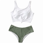 ZAFUL Zweiteiliger verknotet Tankini Beachwear Set, einfarbiger gepolsterter Badeanzug mit Schulterträger & Badehose für Damen (Grün, S)