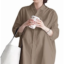 ZANZEA Bluse Damen Elegant V-Ausschnitt Langarm Tunika Oversize Lässig Leinenbluse Sommer Große Größen Hemdbluse mit Kragen Longbluse I-Khaki XXL