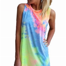 ZANZEA Damen Ärmellos Rundhals Mini Kleider Bunte Lose Longshirt Oversize Tank Tops Bunt EU 44/US 12