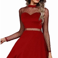 Zeagoo Damen Kleider Spitze Elegant A Linie Partykleider Hohe Taille CocktailKleider Minikleider Festliches SkaterKleider Einfarbig Mesh Kleider Sexy Swing Kleiderer Rot L