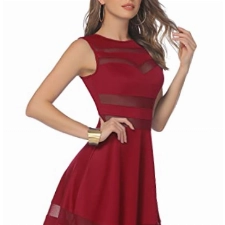 Zeagoo Damen Sexy Hohe Taille Partykleid Cocktailkleid Sommerkleid Bodycon MiniKleid mit Mesh Clubwear A-Linie Kleid M Weinrot