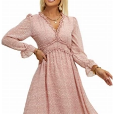 ZIYYOOHY Damen Lange Kleid Chiffon Rüschen mit Tief V-Ausschnitt Blumendruck Sommerkleid Cocktailkleid Partykleid Maxikleid Strandkleid Blusenkleid Langarm (l, 3016-Rosa)