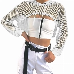 Zldhxyf Damen Hohles Mesh Oberteile Langarm Crop Top Netz Shirt Sexy Transparent Sommertops Kurze Blusen Mädchen Teenager Cropshirts Stilvoll Carmenbluse Atmungsaktiv Sommerbluse