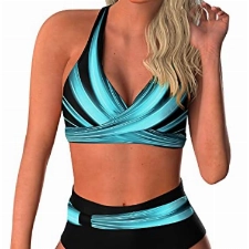 Zueauns Bikini Damen Bauchweg Große Brüste Badeanzug High Waist Push Up Bikinis für Damen V Ausschnitt überkreuztes Blumenmuster Bademode Bauchkontrolle Bikini Zweiteilige Bademode Swimsuit(Blau,L)