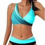 Zueauns Bikini Damen Große Brüste Bauchweg Badeanzug Push Up Sexy V Ausschnitt überkreuztes Sport Bikini-Sets für Damen Glänzend Farbblock Schwimmanzug Zweiteilige Bademode Swimsuit(Blau-b,2XL)